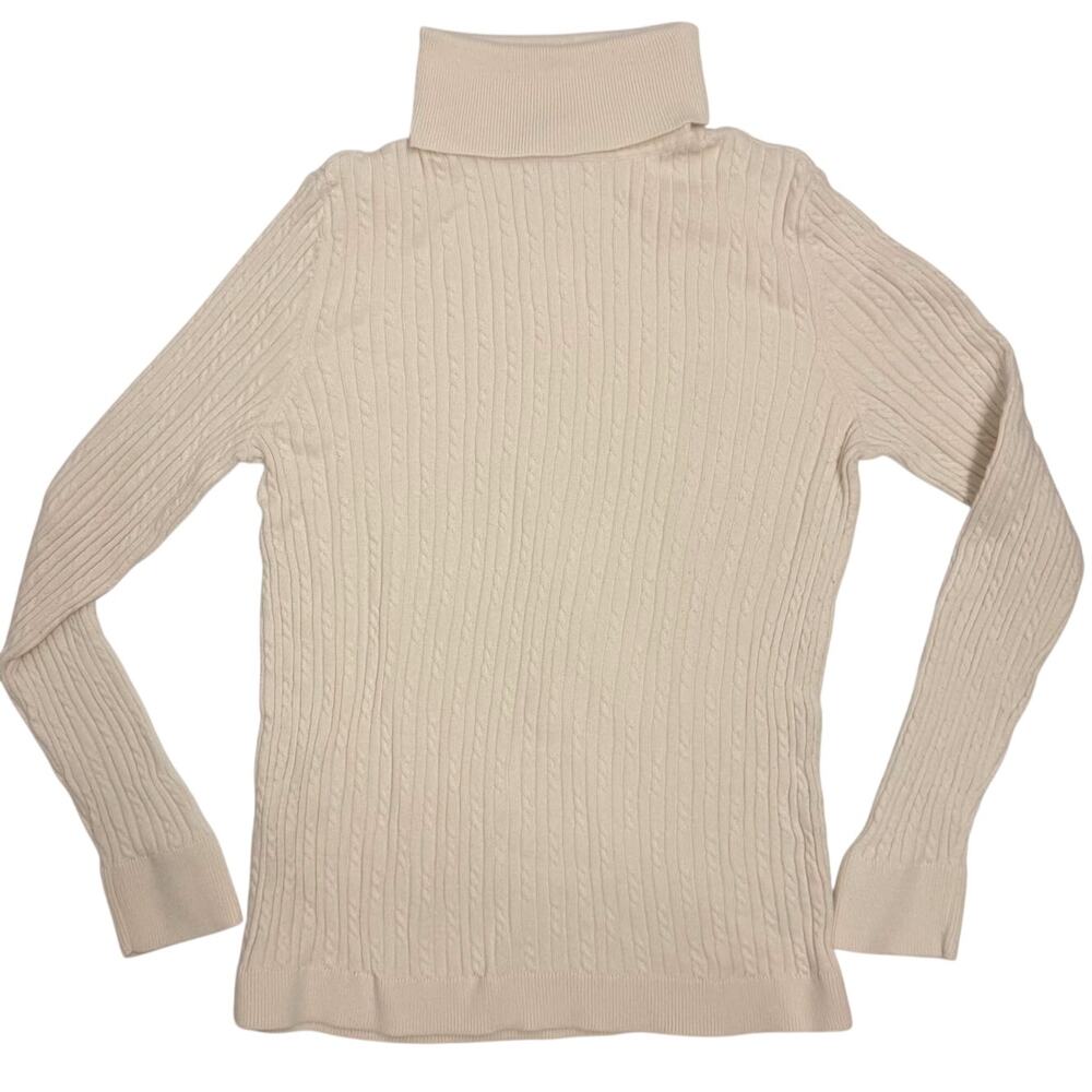 Talbots Women's Size L Ivory Cable Knit Turtleneck Sweater Cotton Blend Preppy